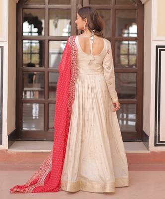 Cosmos Weaving Embroidered Stitched Gown with Dupatta     Red | 56" Length 4