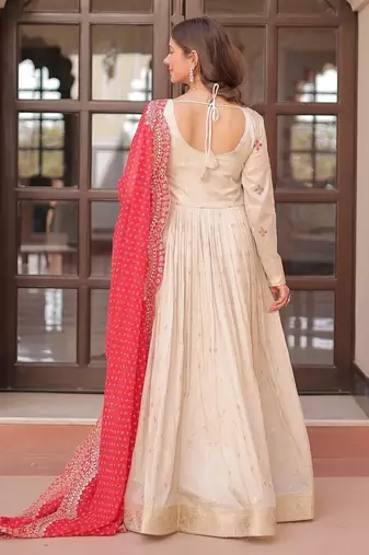 Cosmos Weaving Embroidered Stitched Gown with Dupatta     Red | 56" Length