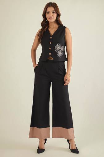 black cotton co ord set with embroidered waistcoat