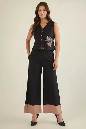 black cotton co ord set with embroidered waistcoat