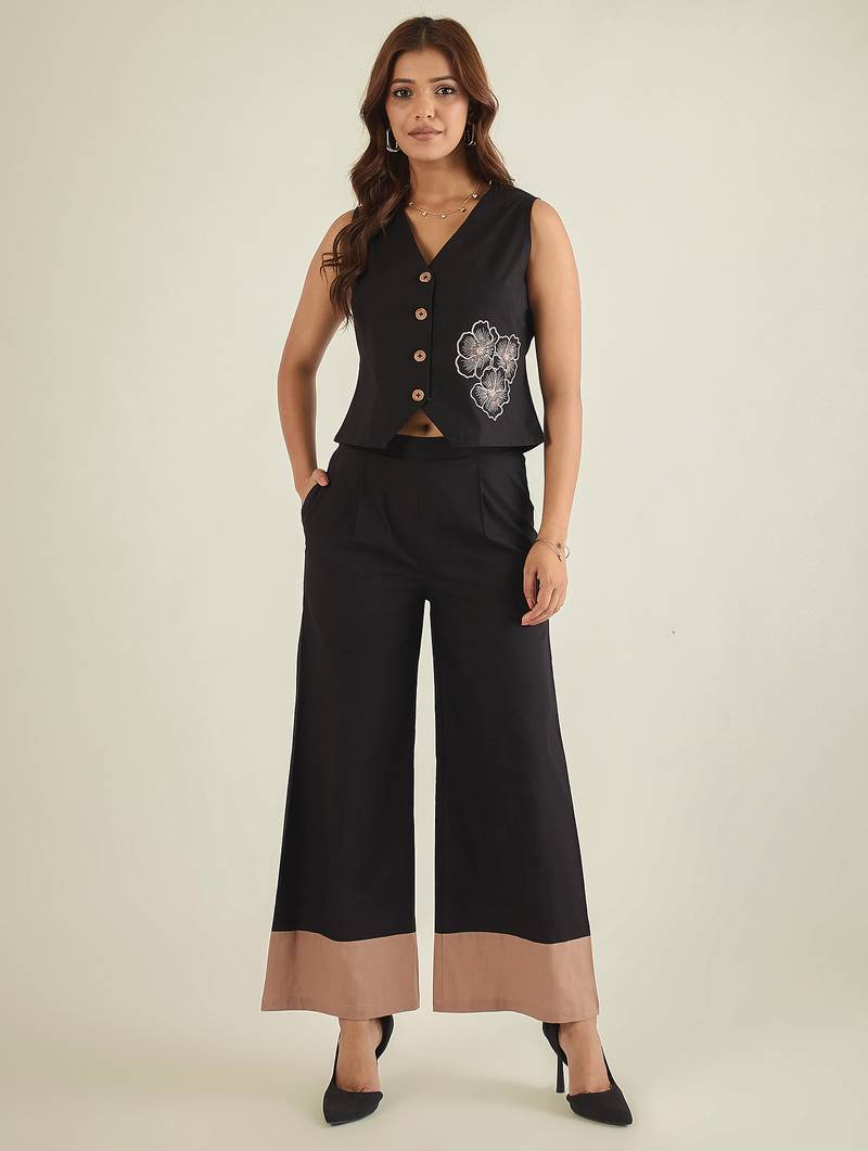 black cotton co ord set with embroidered waistcoat