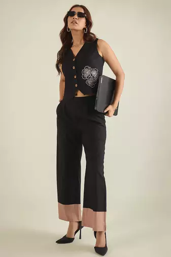 black cotton co ord set with embroidered waistcoat