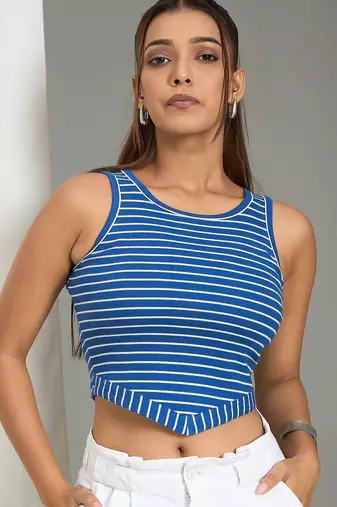 blue cotton tank top with ribbed stripe pattern