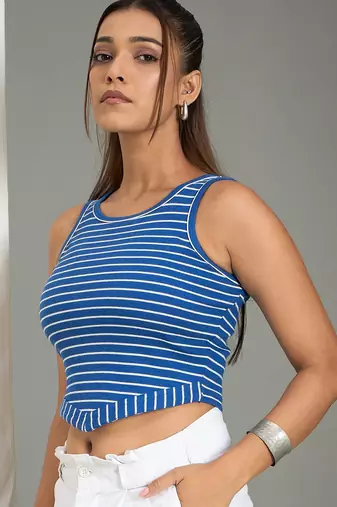 blue cotton tank top with ribbed stripe pattern