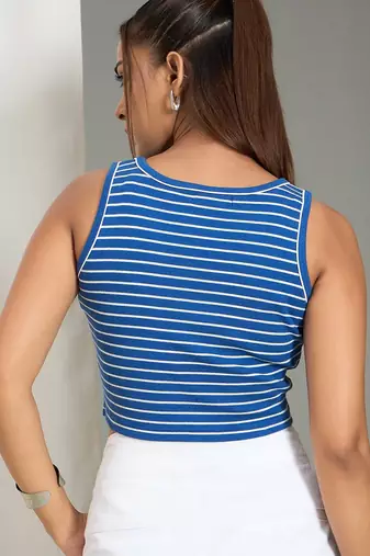 blue cotton tank top with ribbed stripe pattern