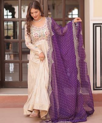 Cosmos Weaving Embroidered Stitched Gown with Dupatta     Purple | 56" Length 1