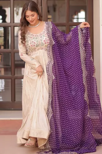 Cosmos Weaving Embroidered Stitched Gown with Dupatta     Purple | 56" Length