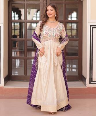 Cosmos Weaving Embroidered Stitched Gown with Dupatta     Purple | 56" Length 2