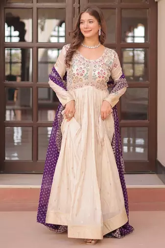 Cosmos Weaving Embroidered Stitched Gown with Dupatta     Purple | 56" Length