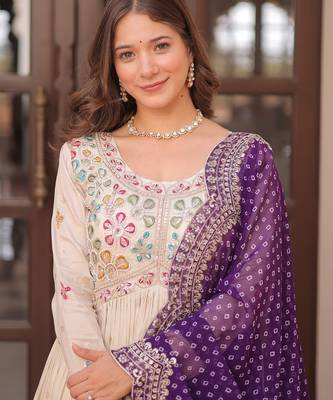 Cosmos Weaving Embroidered Stitched Gown with Dupatta     Purple | 56" Length 3