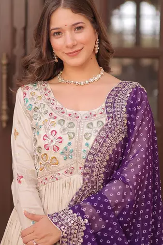 Cosmos Weaving Embroidered Stitched Gown with Dupatta     Purple | 56" Length