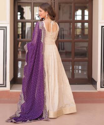 Cosmos Weaving Embroidered Stitched Gown with Dupatta     Purple | 56" Length 4
