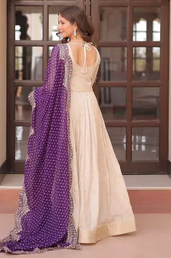 Cosmos Weaving Embroidered Stitched Gown with Dupatta     Purple | 56" Length