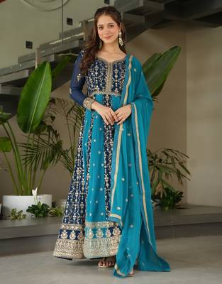 Faux Blooming Heavy Sequins Embroidered Stitched Gown with Dupatta     Rama Green | 56" Length 1