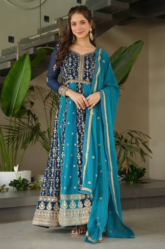 Faux Blooming Heavy Sequins Embroidered Stitched Gown with Dupatta     Rama Green | 56" Length