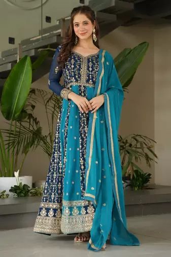 Faux Blooming Heavy Sequins Embroidered Stitched Gown with Dupatta     Rama Green | 56" Length