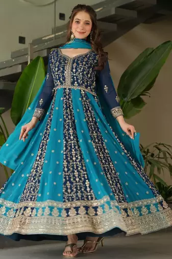 Faux Blooming Heavy Sequins Embroidered Stitched Gown with Dupatta     Rama Green | 56" Length
