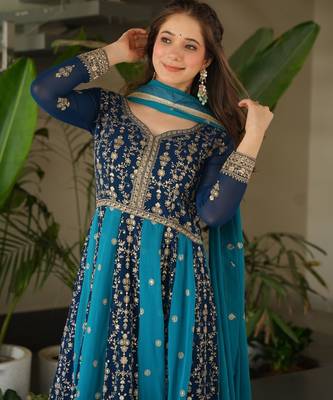 Faux Blooming Heavy Sequins Embroidered Stitched Gown with Dupatta     Rama Green | 56" Length 3