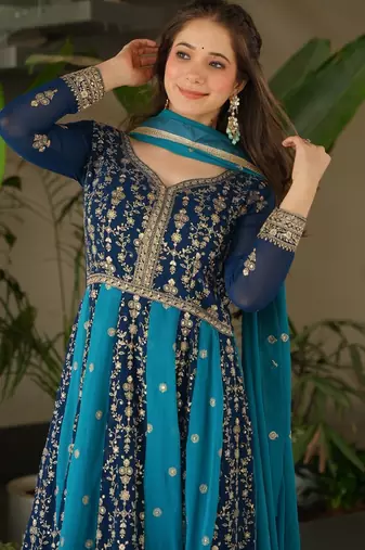 Faux Blooming Heavy Sequins Embroidered Stitched Gown with Dupatta     Rama Green | 56" Length