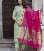 Cotton blend pista casual wear foil print work kurta set