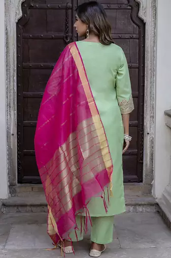 Cotton blend pista casual wear foil print work kurta set