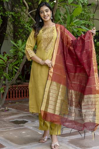 Cotton blend mustard yellow casual wear foil print work kurta set