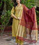 Cotton blend mustard yellow casual wear foil print work kurta set