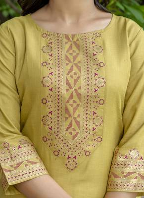 Cotton blend mustard yellow casual wear foil print work kurta set 2