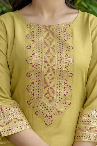 Cotton blend mustard yellow casual wear foil print work kurta set