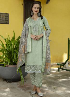 Silk blend pista casual wear embroidery work kurta set 1