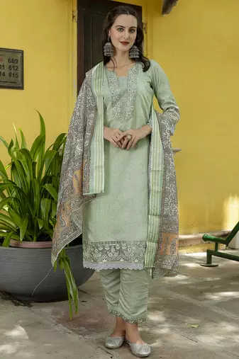 Silk blend pista casual wear embroidery work kurta set