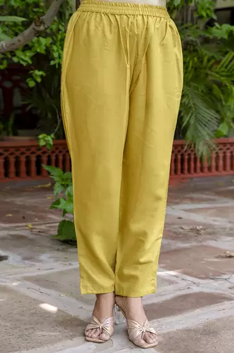 Cotton blend mustard yellow casual wear foil print work kurta set