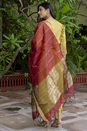 Cotton blend mustard yellow casual wear foil print work kurta set