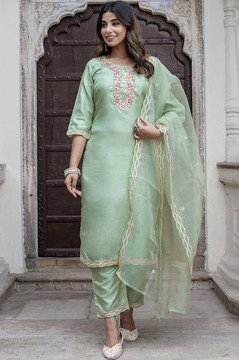 Silk blend light green casual wear embroidery work kurta set