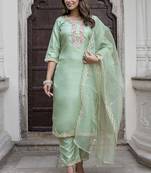 Silk blend light green casual wear embroidery work kurta set