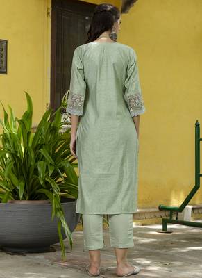 Silk blend pista casual wear embroidery work kurta set 3