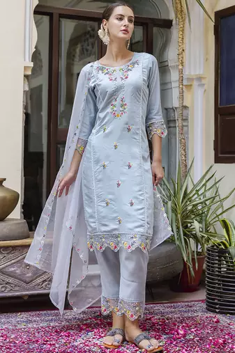 Viscose roman silk powder blue casual wear embroidery work kurta set