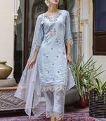 Viscose roman silk powder blue casual wear embroidery work kurta set