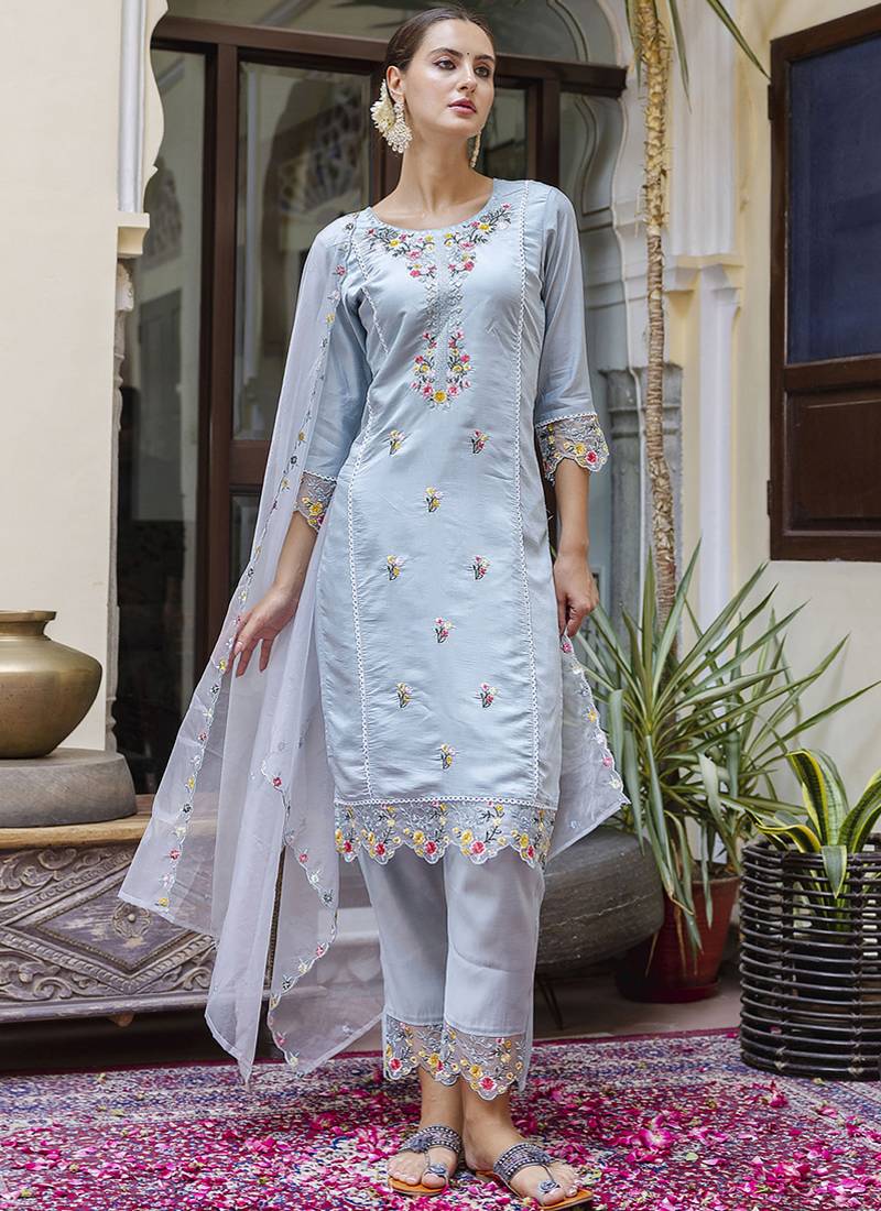 Viscose roman silk powder blue casual wear embroidery work kurta set