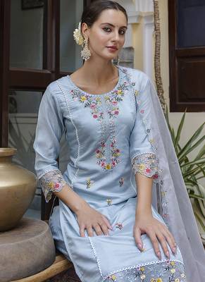 Viscose roman silk powder blue casual wear embroidery work kurta set 2