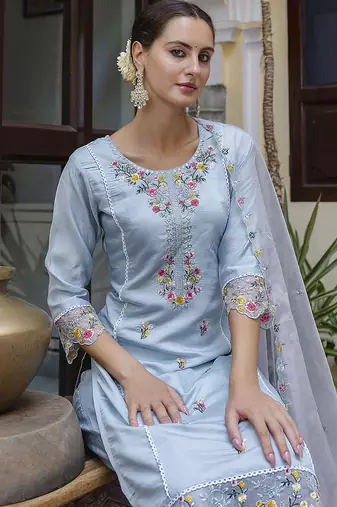 Viscose roman silk powder blue casual wear embroidery work kurta set