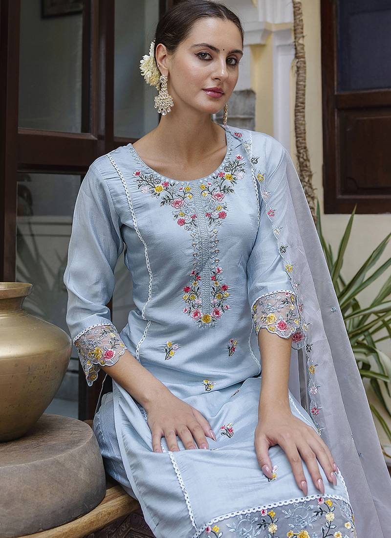 Viscose roman silk powder blue casual wear embroidery work kurta set