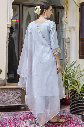 Viscose roman silk powder blue casual wear embroidery work kurta set