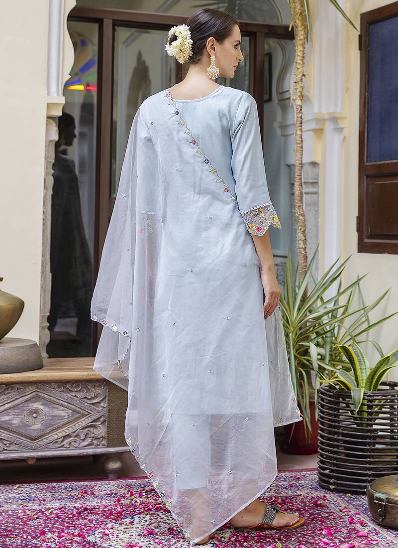 Viscose roman silk powder blue casual wear embroidery work kurta set