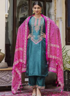 Silk blend rama ocassional wear embroidery work kurta set 1