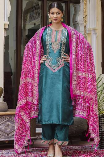 Silk blend rama ocassional wear embroidery work kurta set