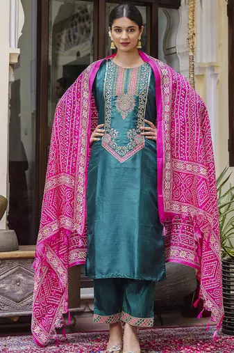 Silk blend rama ocassional wear embroidery work kurta set