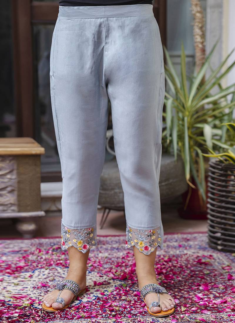 Viscose roman silk powder blue casual wear embroidery work kurta set