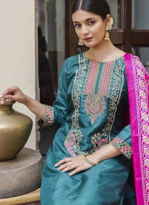 Silk blend rama ocassional wear embroidery work kurta set 2