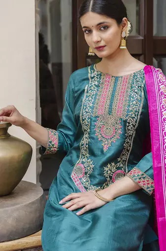 Silk blend rama ocassional wear embroidery work kurta set